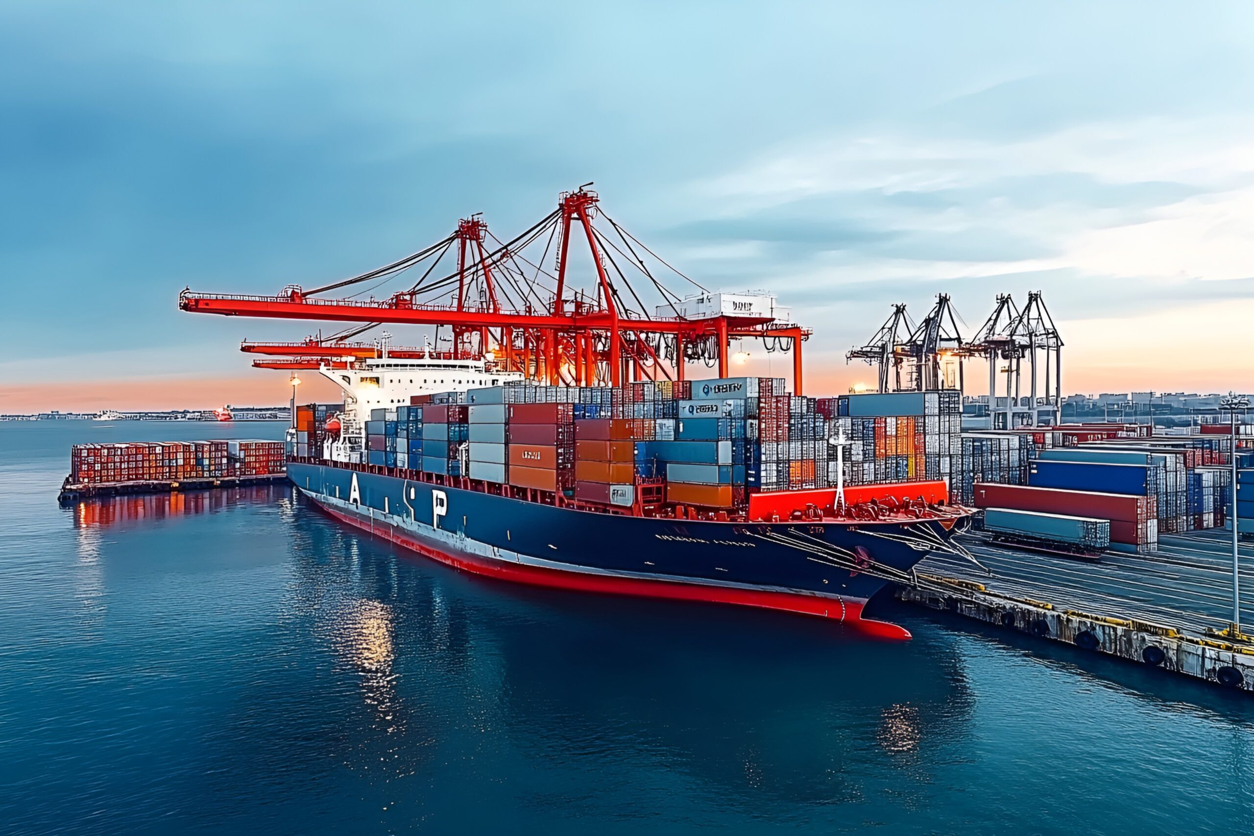 港口现代写实风格大型集装箱船港口繁忙场景商业照片（商业使用）